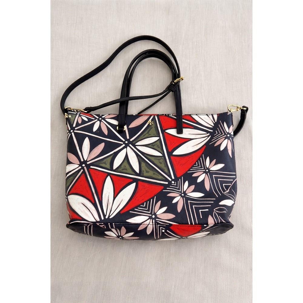 Tory Burch Kerrington Small‎ Square Tote Navy Red Floral Geometric Crossbody Bag